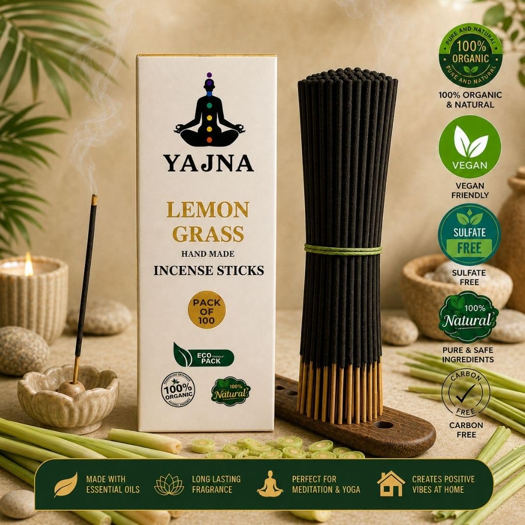 Lemon-Grass-Incense-Sticks 100%-Natural-Handmade-Hand-Dipped-Incense-Sticks Organic-Chemicals-Free For-Purification-Relaxation-Positivity-Yoga-Meditation The-Best-Woods-Scent (100 Sticks(150GM)) (Lemon Grass / 100 Sticks (150GM))