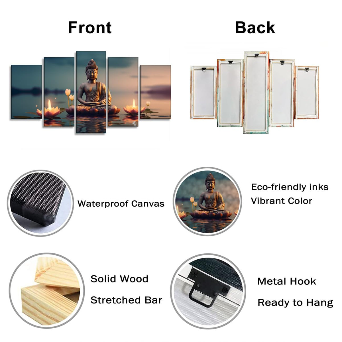 Buddha Wall Art 5 Piece Zen Wall Decor Canvas Prints Lotus on Water Picture Meditation Painting for Yoga Spa Spiritual Room Home Decor Framed (80x40 inch / Picture-6)