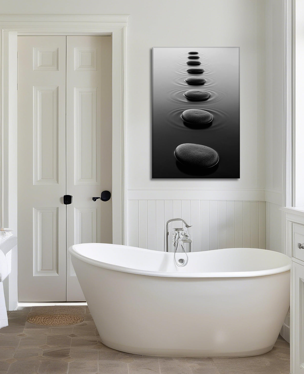 Zen Wall Art Bathroom Decor Black and White Canvas Prints Spa Stones on Water Picture Peaceful Scenery Artwork for Home Decor Frmaed (Zen-3 / 42"L x 28"W)