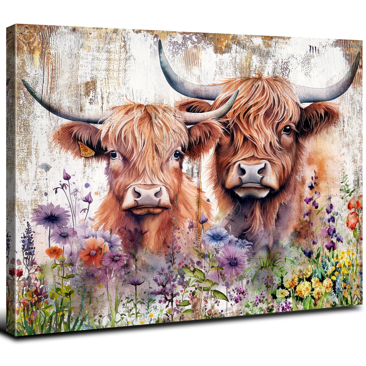 Cute Highland Cow Wall Art Rustic Cows Picture Wall Decor Nursery Room Decor Farmhouse Wildflower Scottish Cow Painting Bathroom Western Country Cattle Poster Artwork for Living Room Decoration 20x30" (30"L x 20"W / Cow)