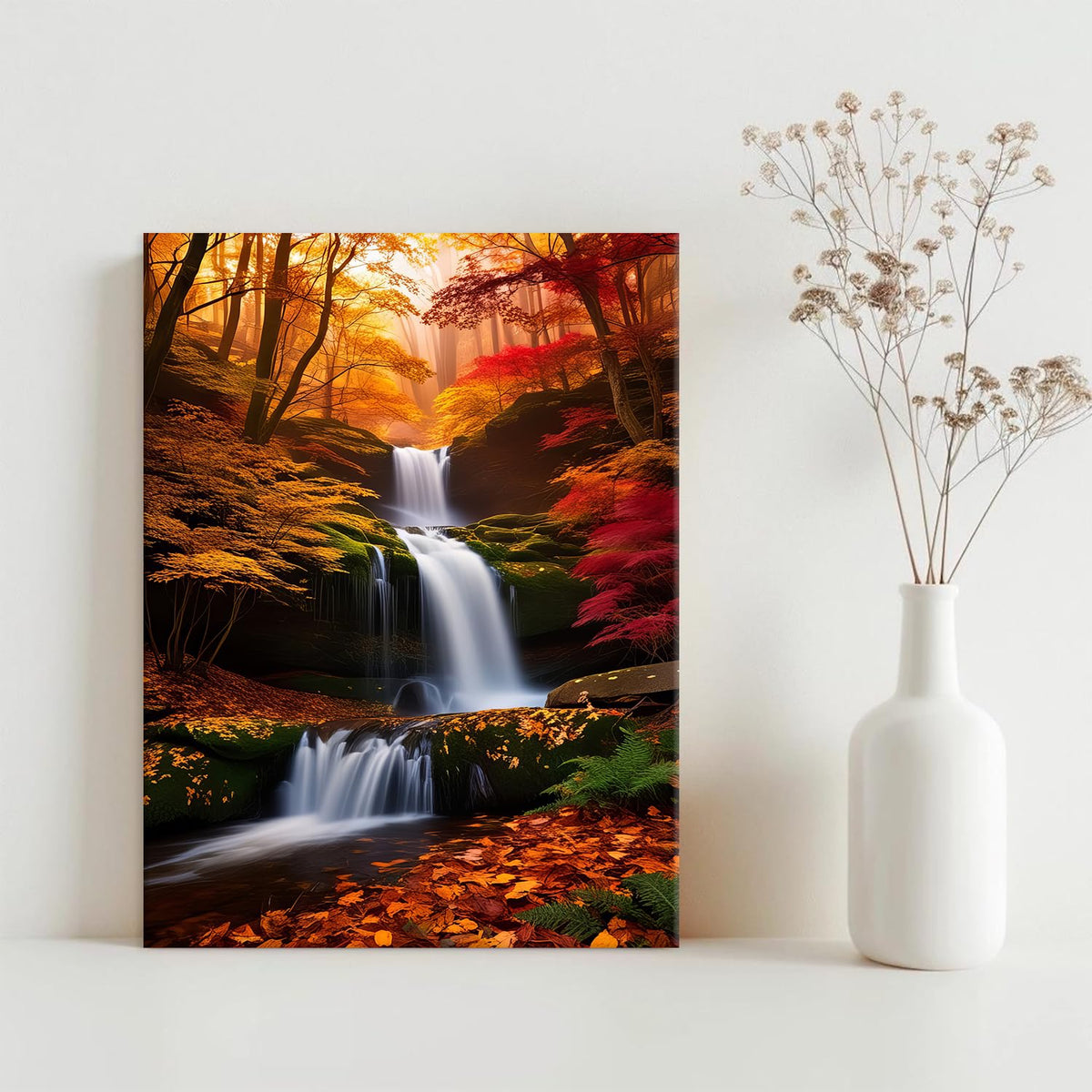 Waterfall Wall Art Burnt Orange Fall Tree Wall Decor Nature Tropical Forest Landscape Pictures for Living Room Maple Trees Painting Canvas Prints River Scenery Artwork Bedroom Home Decorations 12x16" (12"L x 16"W / Fall03)
