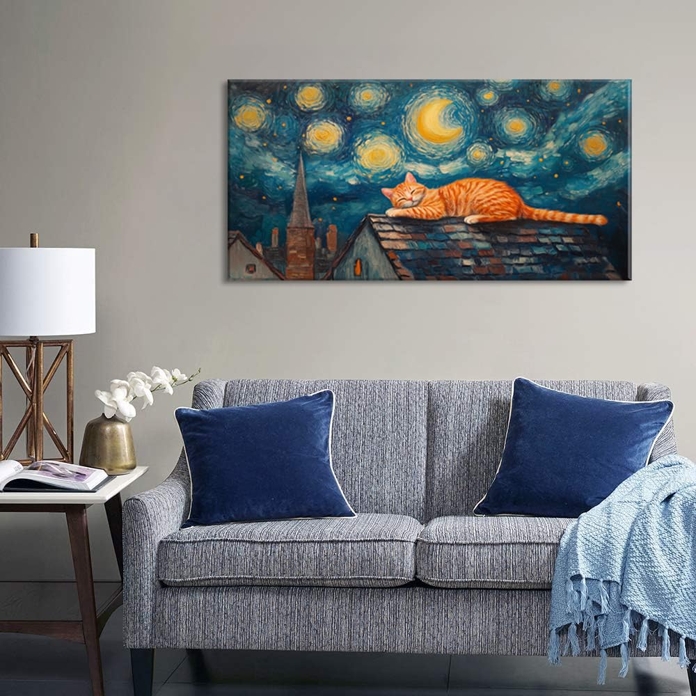 Navy Blue Starry Night Orange Cat Wall Art for Living Room Canvas Painting Prints Abstract Sleep Dream Sky Picture Vintage Artwork Office Bedroom Kids Room Decor Extra Large (58L" x 28W" / Multi Colors Wall Art(k829))
