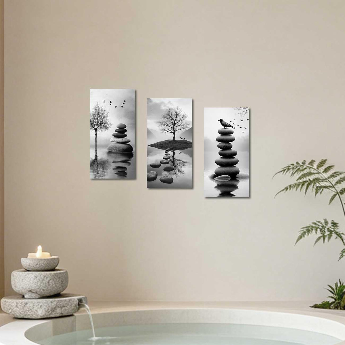 Set of 3 Black White Zen Bathroom Canvas Wall Art Prints Zen Stones in the Water Pictures White Lotus Poster Yoga Meditation Artwork Spa Room Decor (Gray / 40x20inx3 Pieces)