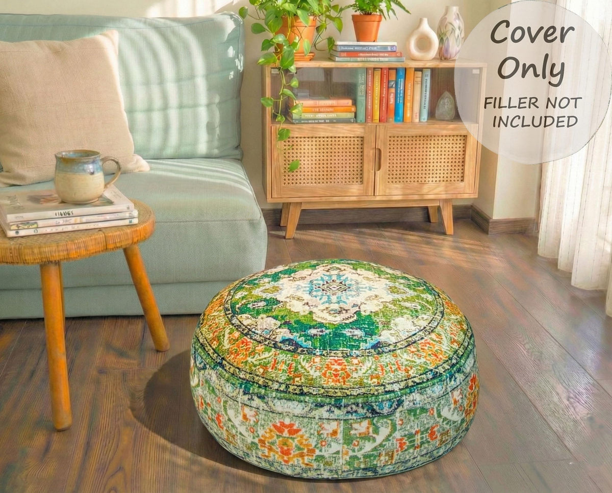 Indian Yoga Décor Pouf Cover Green Round Green Floor Pillow Case Room Décor Moroccan Decorative Cushion Cotton 24x8 Unstuffed (24x8 Cover Only / Green)