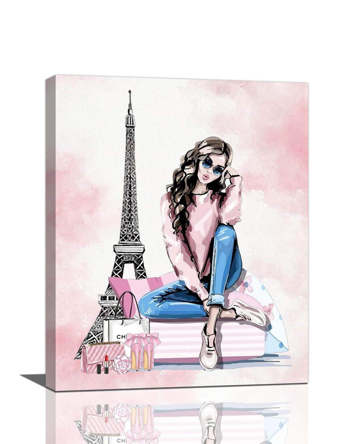 Paris Fashion Girls Wall Art Pink Eiffel Tower Pictures Decor Female Makeup Canvas Painting Print Home Artwork Decorations for Bathroom Living Room Bedroom 16 x 20 inch (20"L x 16"W / Fashion)