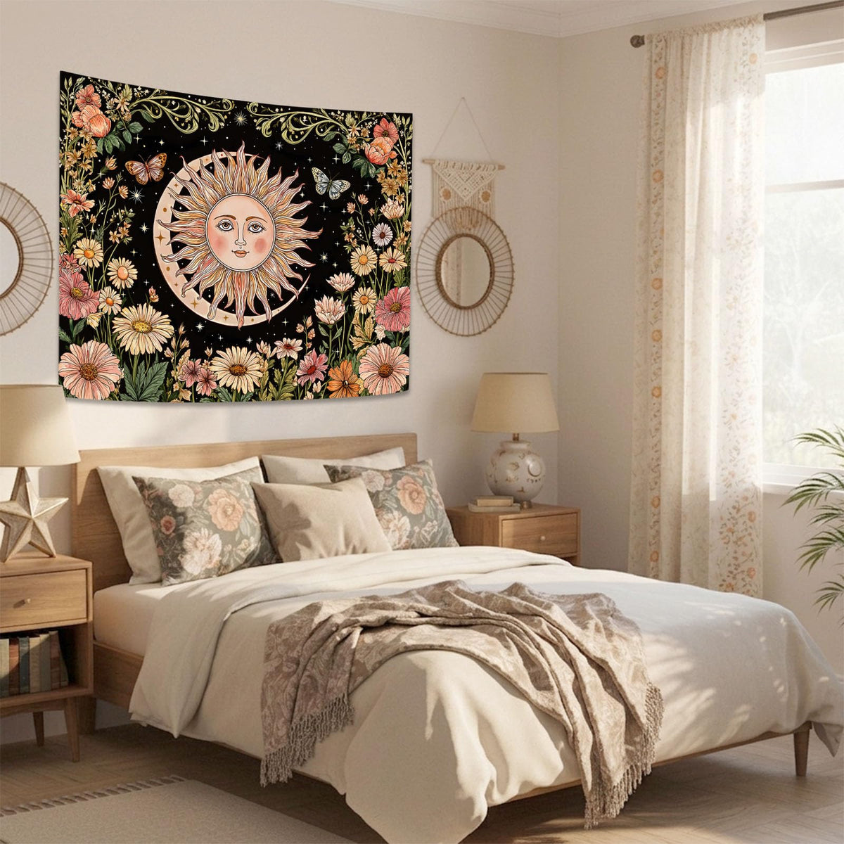 Boho Sun and Moon Vintage Daisy Floral Tapestry 80 x 60 Inch (Black Sun Daisy / 80"L x 60"W)