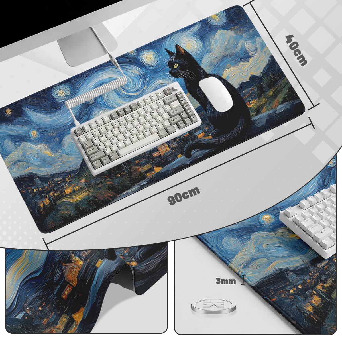 Black Cat Large Gaming Mouse Pad Moon Celestial Starry Night Art Desk Mat (Black Cat / 35.4L x 15.7W inches)
