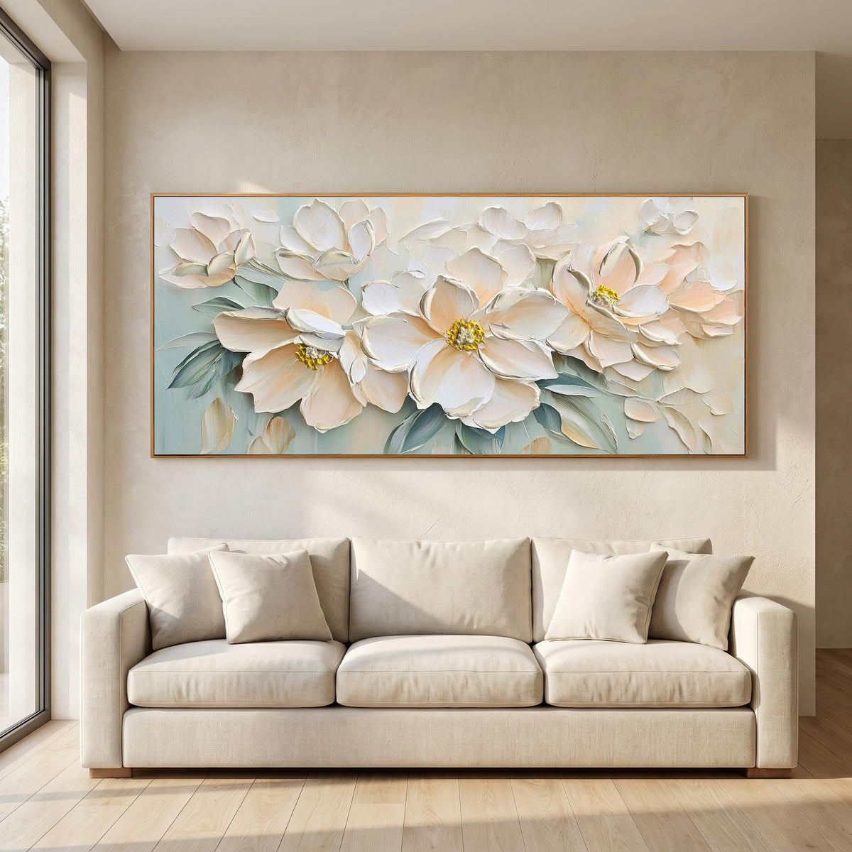 Framed White Floral Canvas Wall Art for Living Room Bedroom 71"x32" (Light Pink Florals / Wood Framed / 71"L x 32"W)