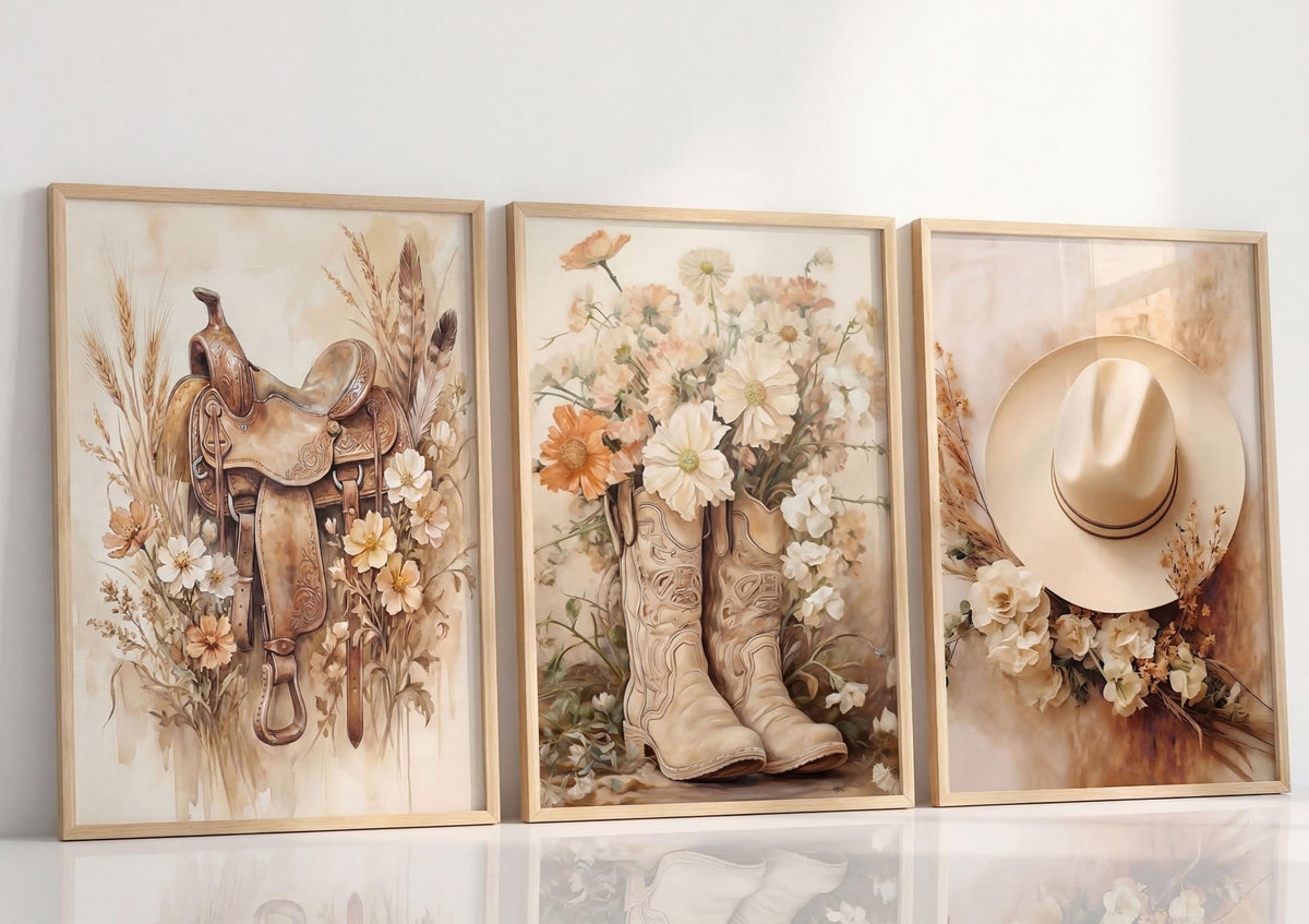 3PCS Trendy Preppy Western Cowgirl Aesthetic Canvas Wall Art Unframed (Cowgirl / 16"L x 12"W-Unframed)