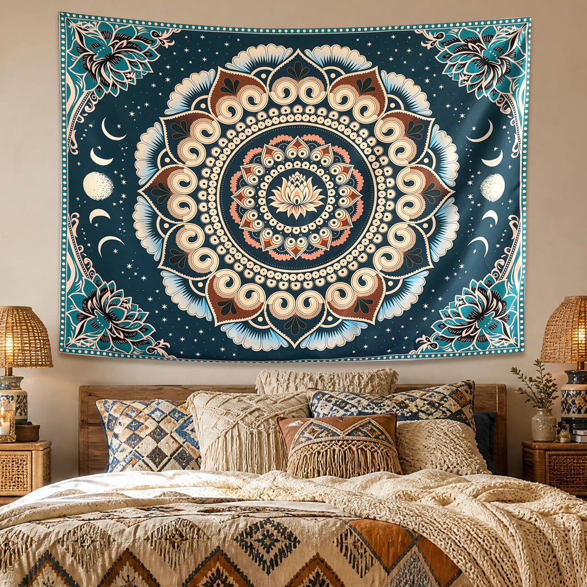 Blue Boho Lotus Mandala Tapestry Wall Hanging for Bedroom 60 x 44 Inch (Blue / 60"L x 44"W)