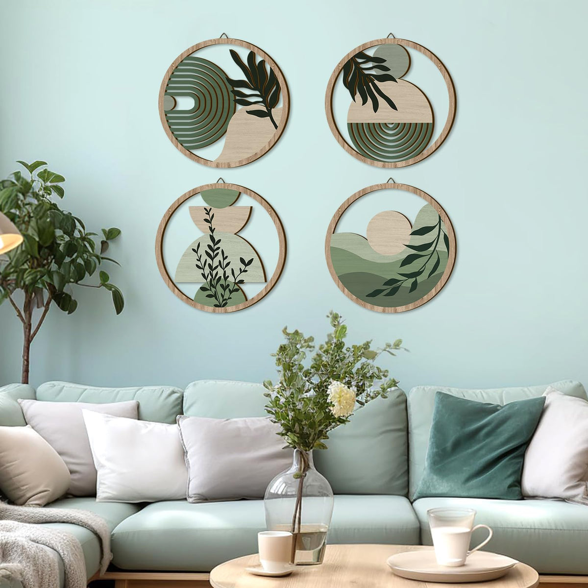 Green Botanical Wooden Wall Art Bohemian Hanging Sign Farmhouse Geometric Wall Decor (Boho Wooden Wall Art 2)