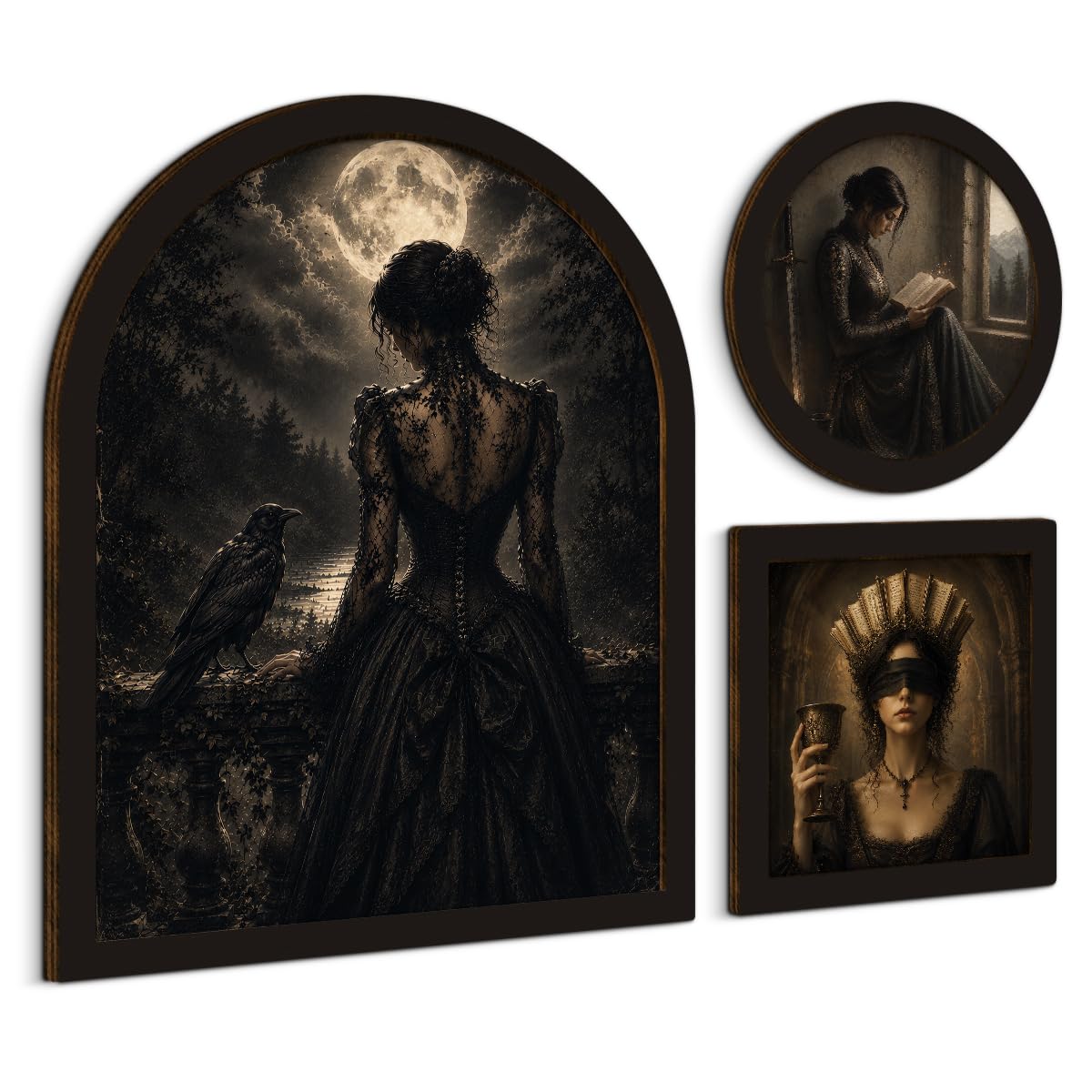 3 Pcs Gothic Raven Woman Wall Art Sign Framed Moonlit Victorian Decor (Dark-01)