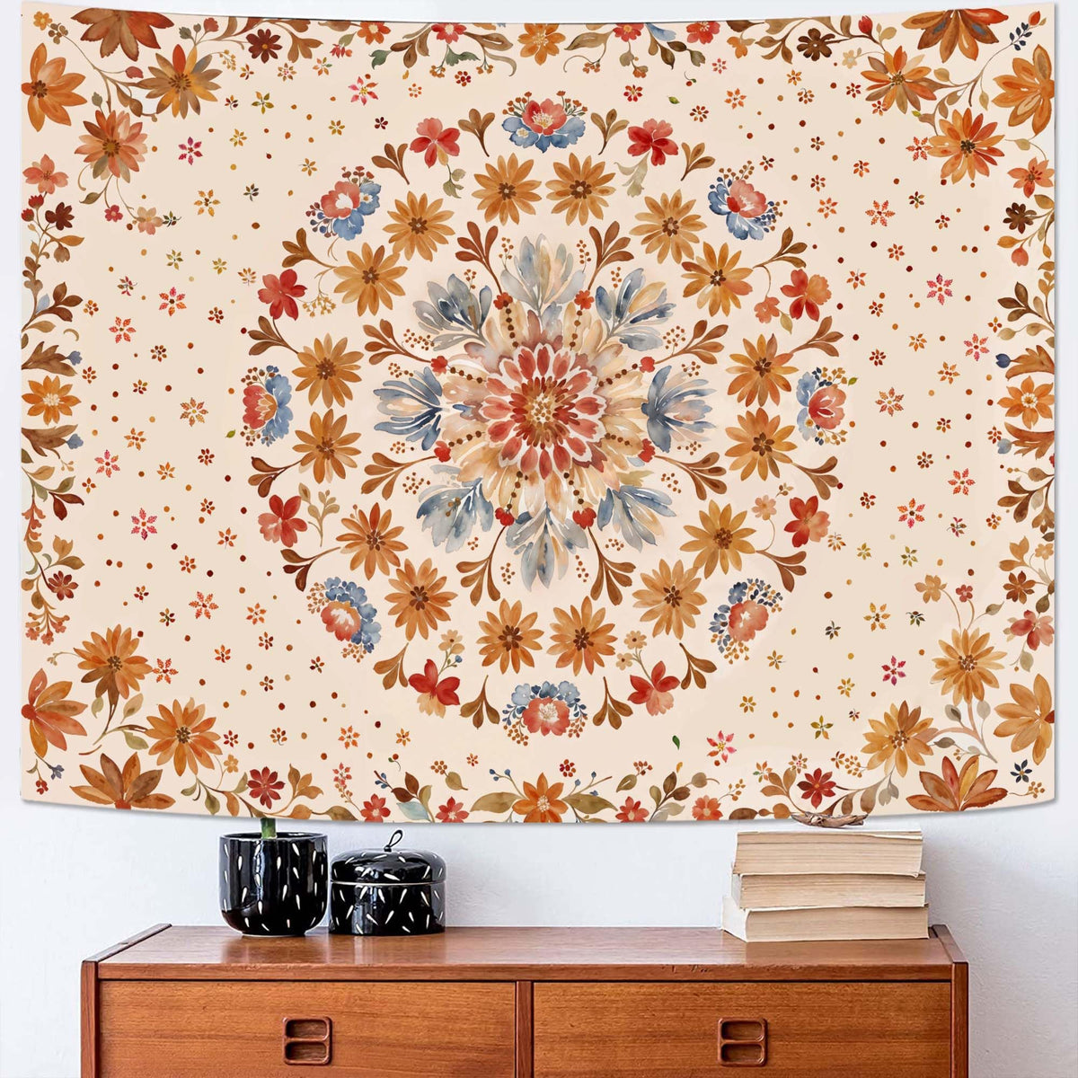 Boho Floral Mandala Tapestry Wall Hanging Watercolor Bohemian Flower Medallion Tapestry Aesthetic Beige Orange Hippie Indian Small Tapestries for Bedroom Living Room Dorm Decor 60 x 44 Inch (Beige Orange / 60"L x 44"W)