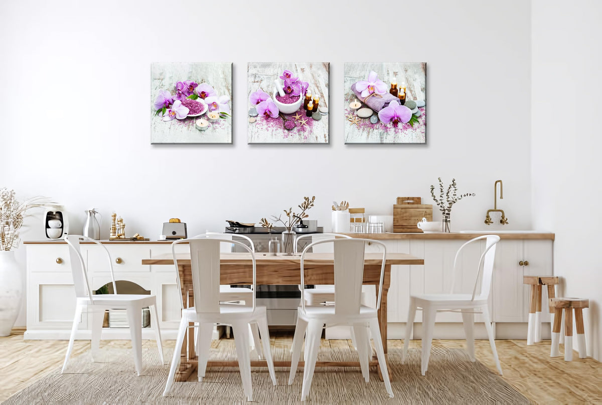 3Pcs Purple Zen Orchid Flowers Lavender Spa Canvas Prints Art Zen Floral Wall Art Aromatherapy Bath Salts Decor for Home Purple Ready to Hang Canvas Art for Relaxation Wellness Spaces (16X16inchX3pcs / Spa&Orchid)