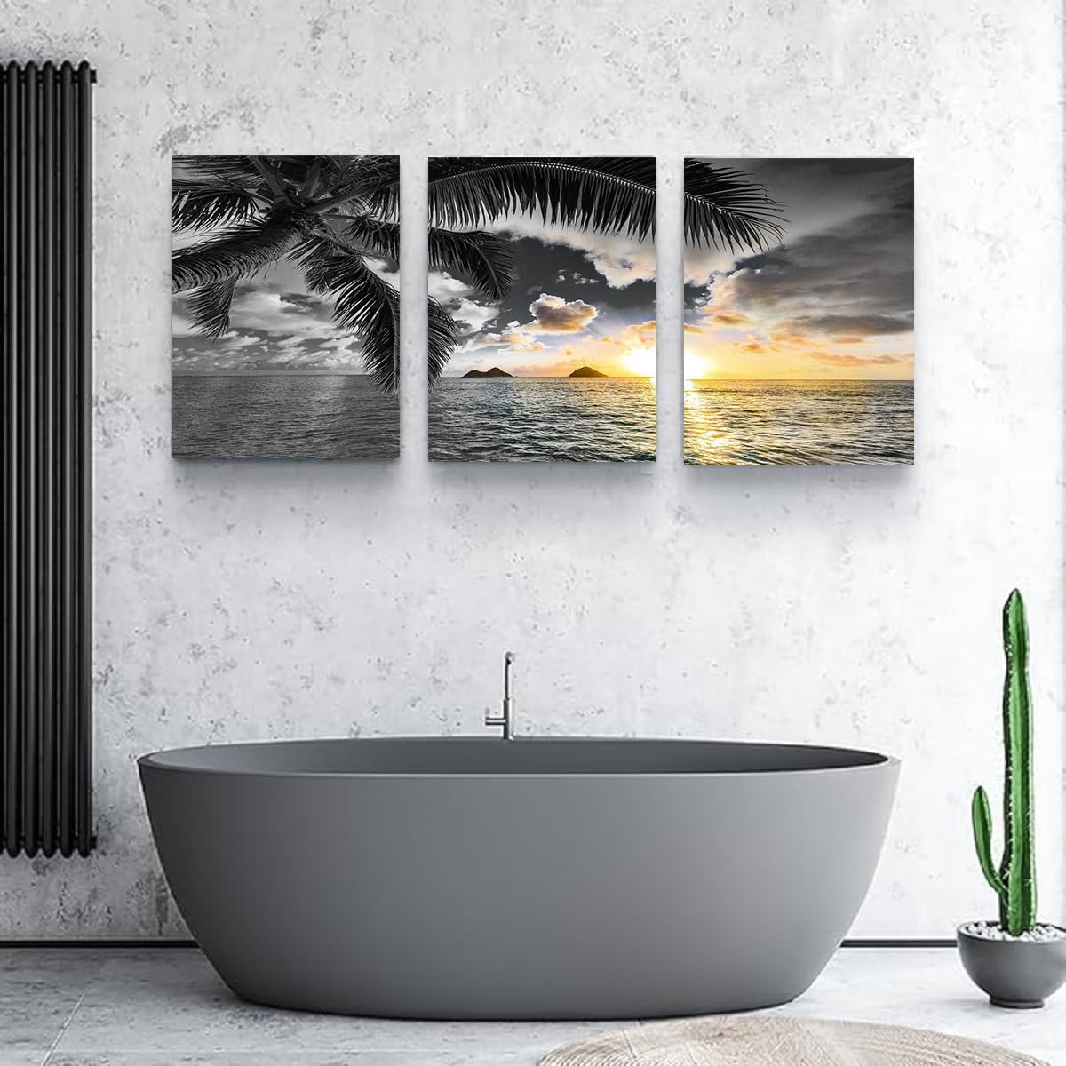 Sunset Beach Canvas Wall Art Bathroom Black and White Coastal Wall Decor Ocean Prints Art Seascape Pictures Palm Painting Artwork for Living Room Bedroom Decor Office Home Decoration (BAbesH3 / 16"x24"inches x 3 pcs)