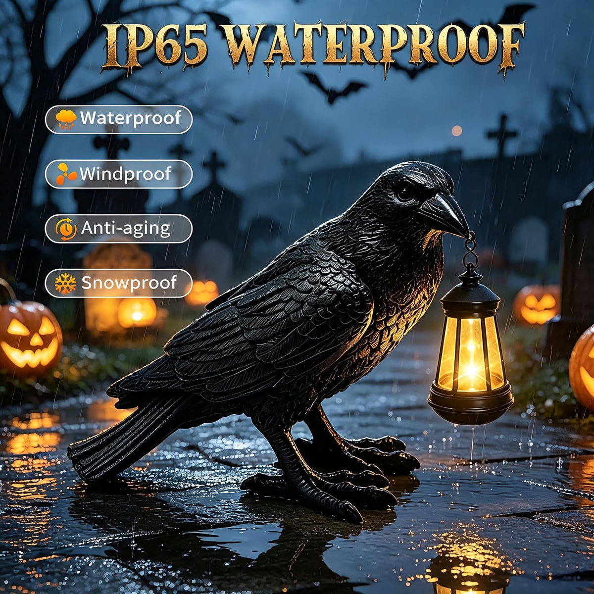 Halloween Crow Solar Garden Statue Outdoor Figurine Halloween Decoration (Black - Crow With Lantern)