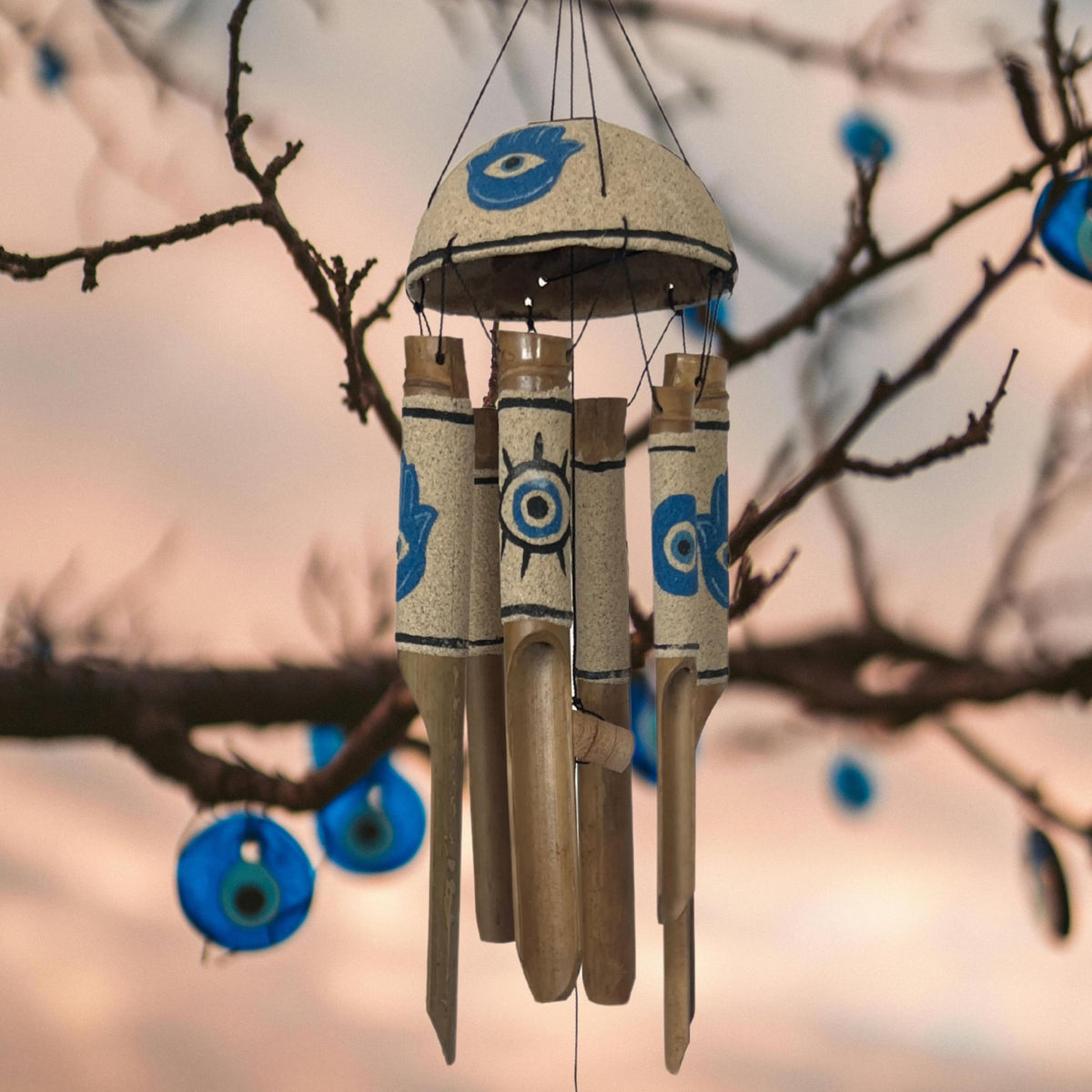 Bamboo Wind Chimes Sea Sand Art Painting Hamsa Evil Eyes Protection Handmade Windchimes Outdoor Garden Patio Gifts 32 Inch (Blue Sand)