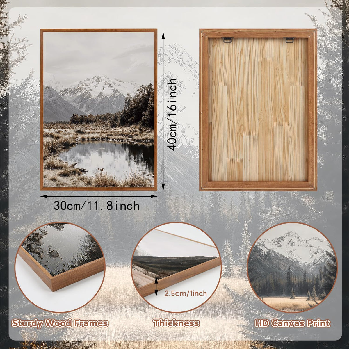 White Snow Mountain framed decor Misty Forest Framed Canvas Wall Art set of 3 (Snow)