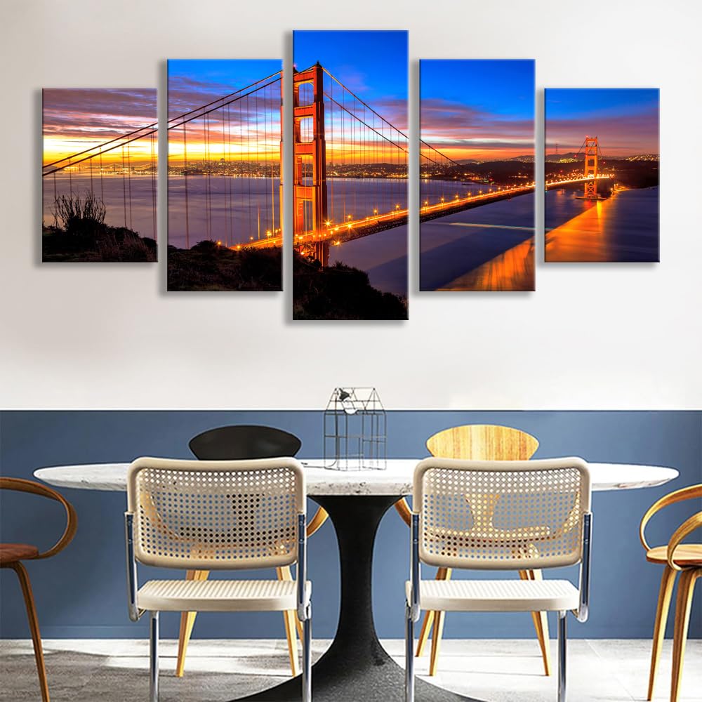5 Piece San Francisco Blue Sky Golden Gate Bridge at Dusk Canvas Wall Art for Bedroom (16x24inchx2,16x32inchx2,16x40x1 / Artwork9)