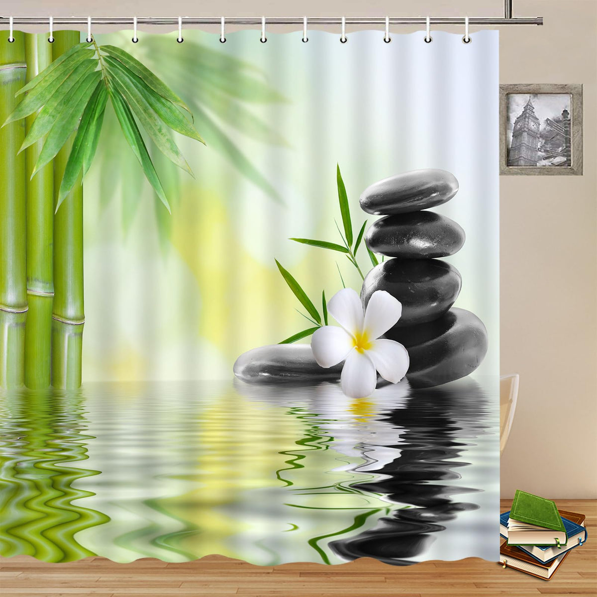 Zen Garden Shower Curtain Spa Green Bamboo Black Stone White Flower Bathroom Decor Supplies Shower Curtains Sets Machine Washable Polyester Fabric 70 x 74.8 Inch with Hooks (Black Green White / 70"W x 74.8"L (Pack of 1))