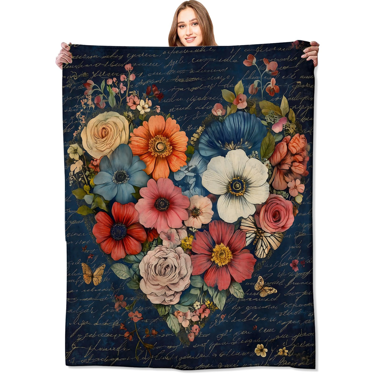 Heart of Flower Blanket Vintage Floral Throw Blankets with Colorful Blooms (50x60in / Heart)