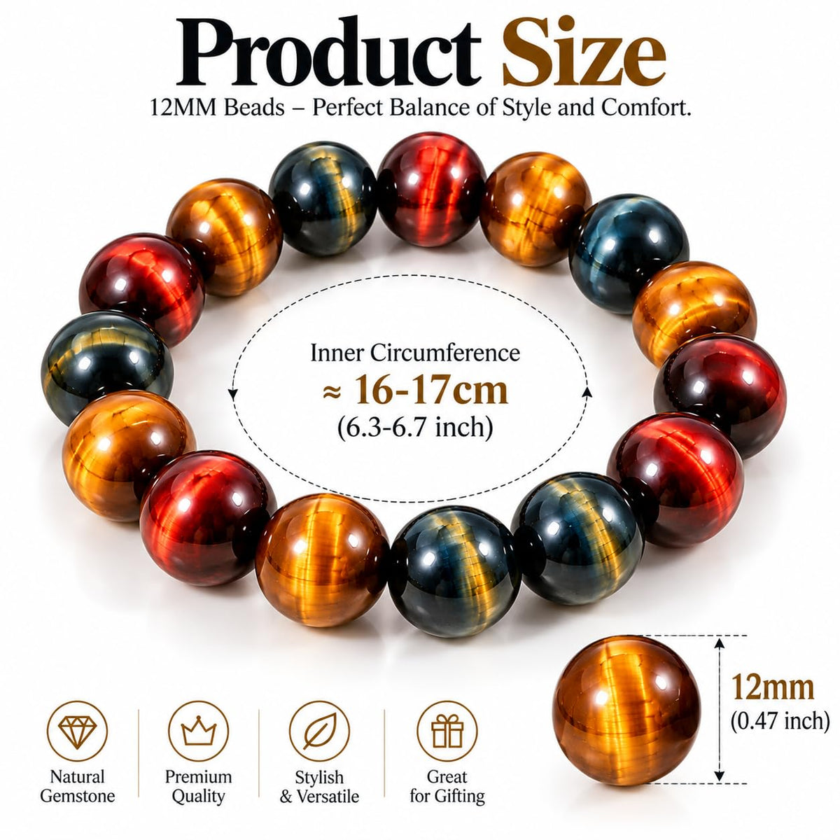 12MM Mixed Tigers Eye Mens Bracelet (12MM Mixed Tigers Eye Mens Bracelet)