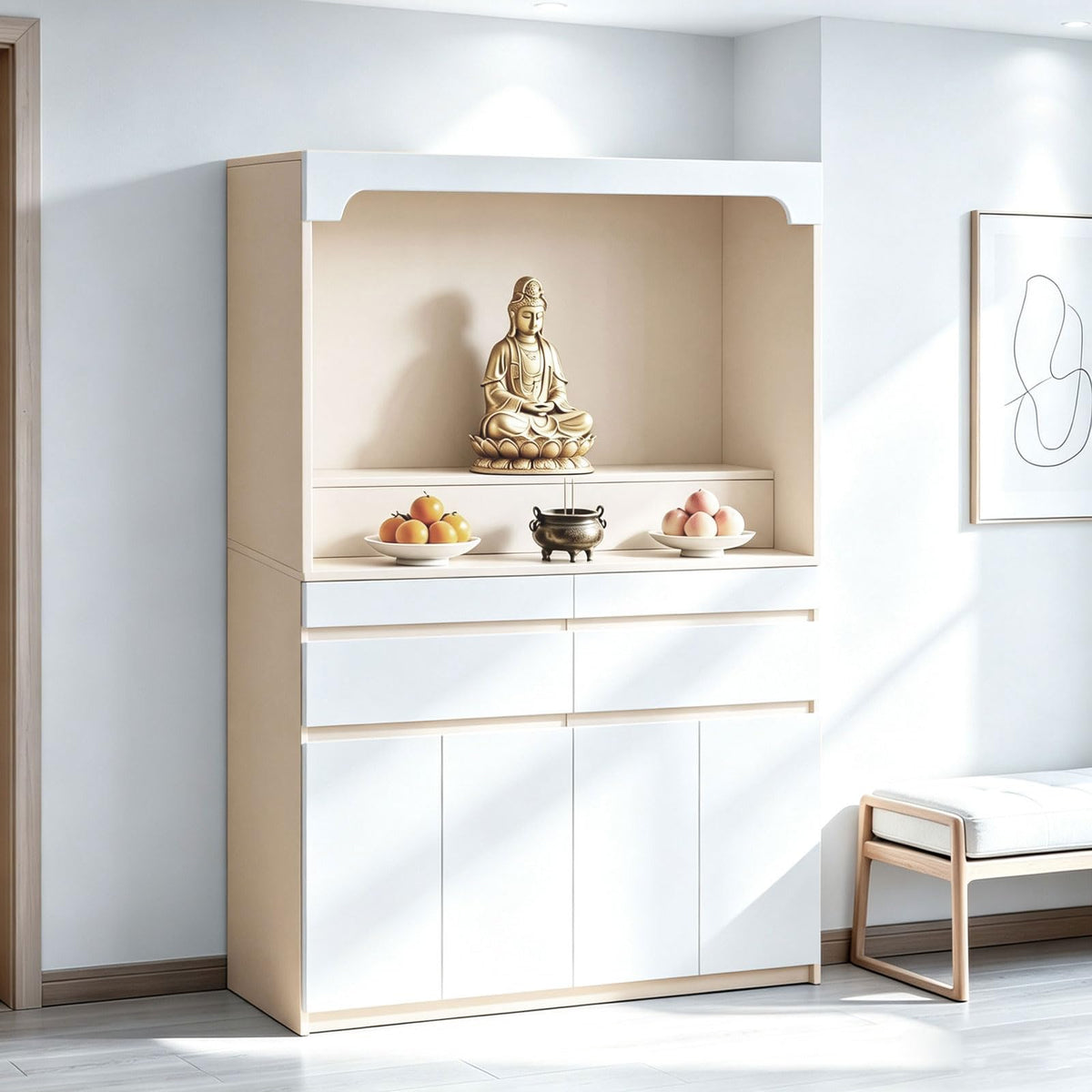 Altar Table Pooja Cabinet with Drawers and Storage Cabinets (47.2×15.7×65.4in / Beige + White)