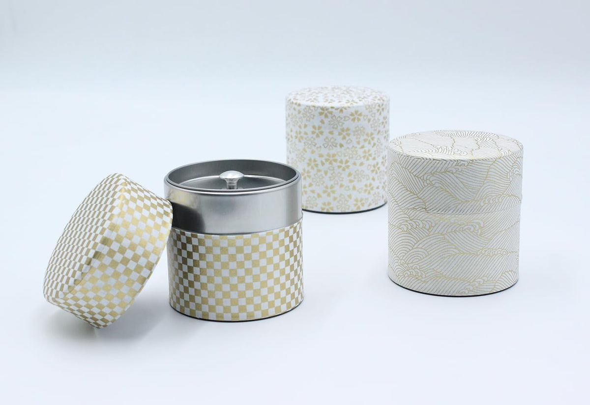 Japanese Pokkan Matcha Coffee Spice Tea Tin Canister Washi Paper Storage with Lid 7.05 oz Capacity (Kenran Nami,S)