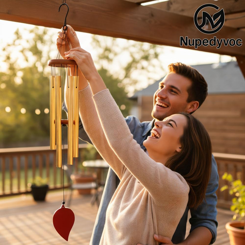 32” Large Golden Aluminum Wind Chimes with Brown Wooden Cap for Outside (Golden Aluminum Wind Chimes With Brown Wooden Cap)