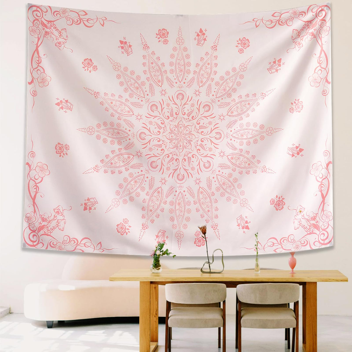 Pink Floral Boho Mandala Tapestry Wall Hanging for Bedroom 79" x 59" (Pink / 79"L x 59"W)