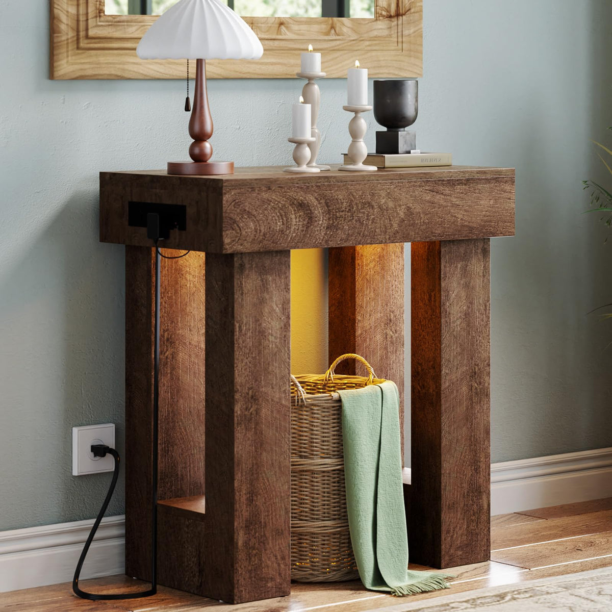 32" Entry Table with Sensor Light & AC Outlets with USB (Rustic Oak / 32IN)