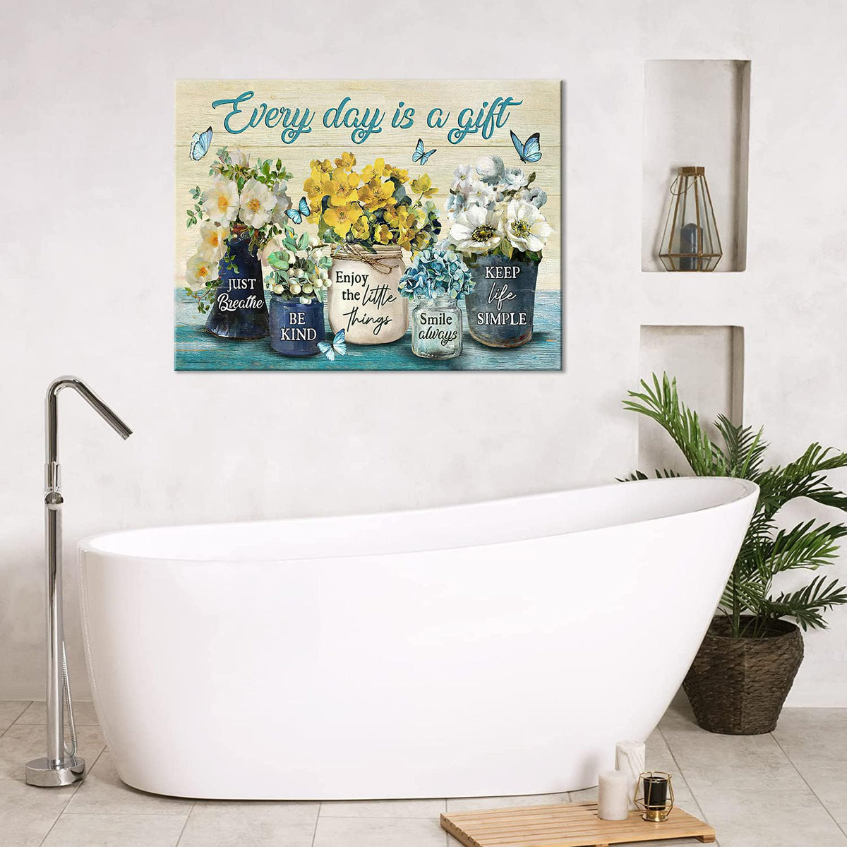 Farmhouse Bathroom Flower Decor Wall Art Every Day Is A Gift Butterfly Floral Inspirational Quotes Pictures Wall Decor Canvas Painting Prints Artwork Home Decorations Framed for Bedroom 24"x16" (Yellow Flower / 24"L x 16"W)