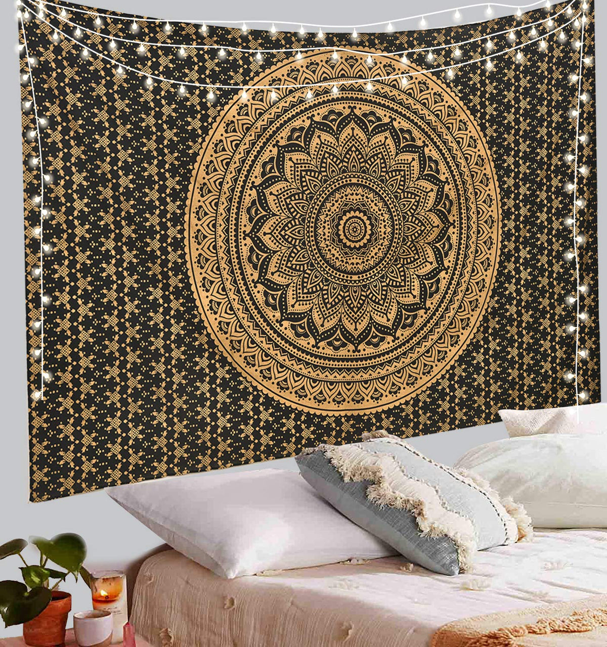 Ombre Wall Hanging Bohemian Tapestry (Black Gold / 60"L x 54"W)