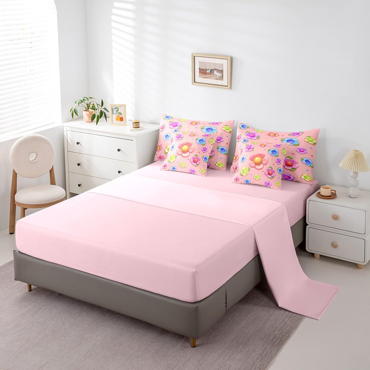 Bright Pink Comforter Set with Sheets King Size Kids Flower 7 Piece Bedding Set All Season for Boys Girls Teens Modern Art Bed in A Bag Breathable Soft Lightweight Room Decor (Bright Pink / King)