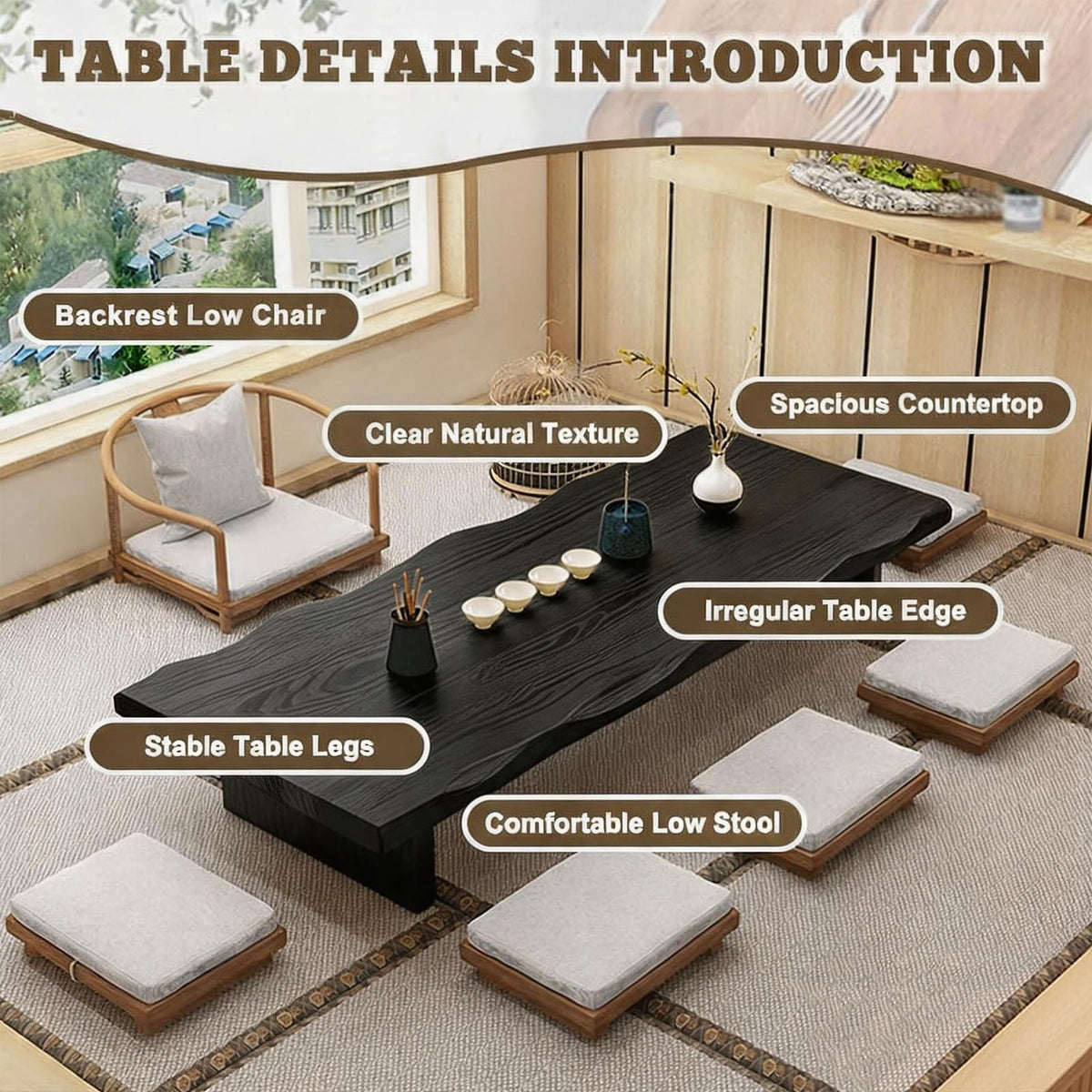79" Solid Wood Japanese Floor Table (Black / 200*60*35cm)