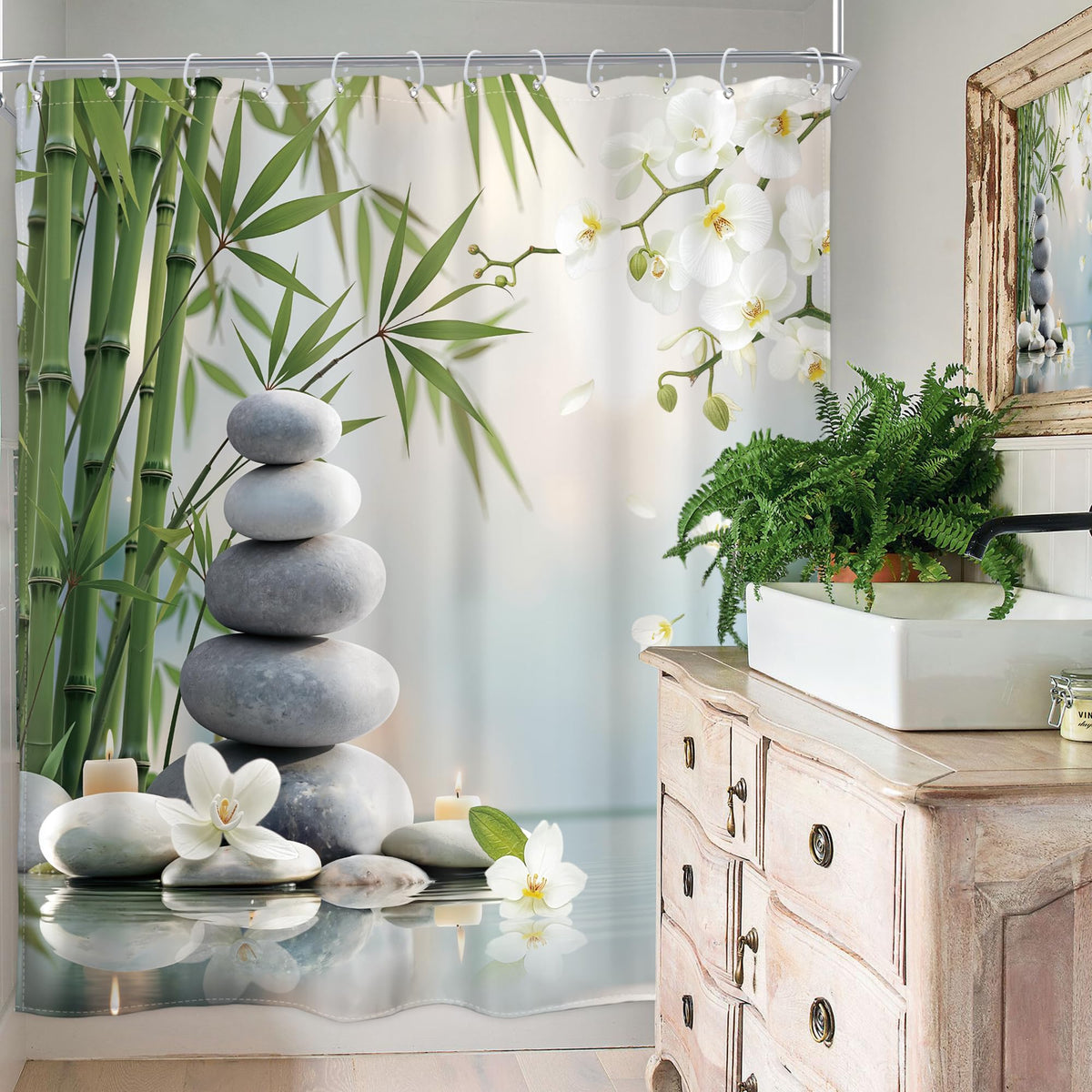 Zen Stone Meditation Shower Curtain Green Bamboo 60Wx72H Inch Decor (Zen01 / 60"W x 72"L (Pack of 1))