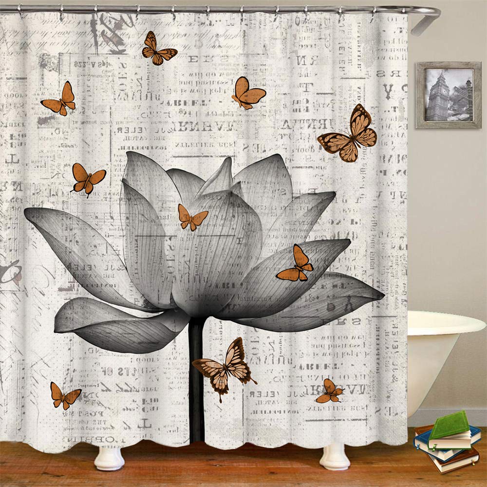 Lotus Shower Curtain Set Cloth Grey Flower and Butterfly Bath Curtain Zen Floral Bathroom Decor with Hooks 72"×72" Retro Newspaper Background (72"W x 72"L (Pack of 1))