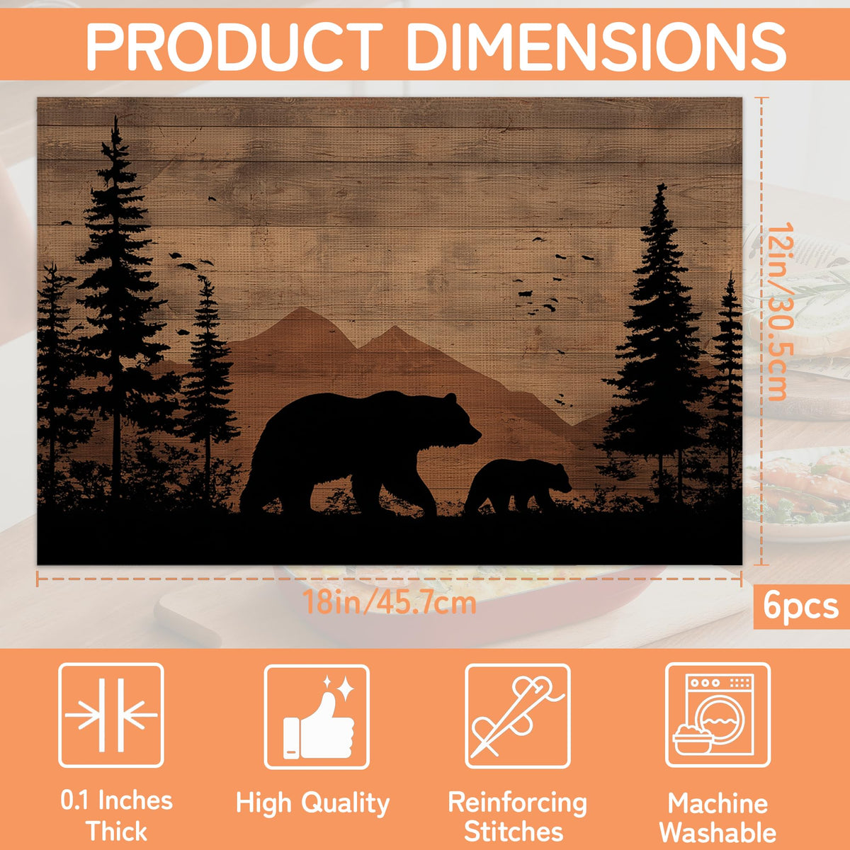 Black Bear Placemats Set of 6 (Black Bear Wood Grain)