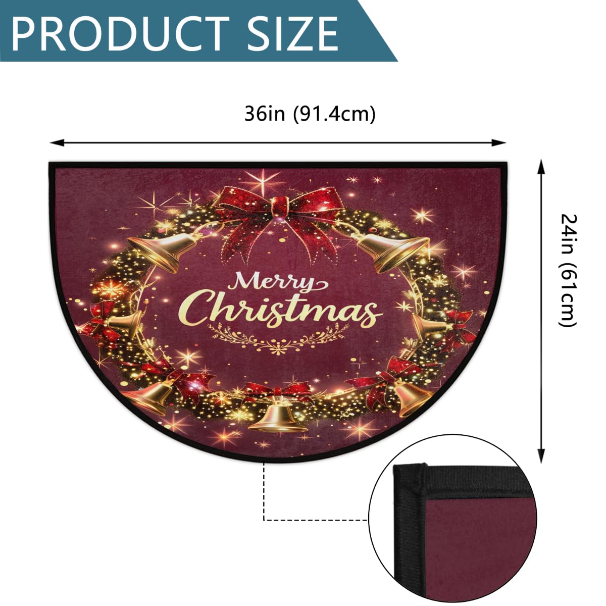 Half Round Doormat Christmas Xmas Bell Red Washable Semi Circle Area Rug Non Slip Half Moon Rug Holiday Decor Mat for Indoor Outdoor Bathroom Kitchen Welcome Fireplace Hearth Floor Mat (X:xmas4)