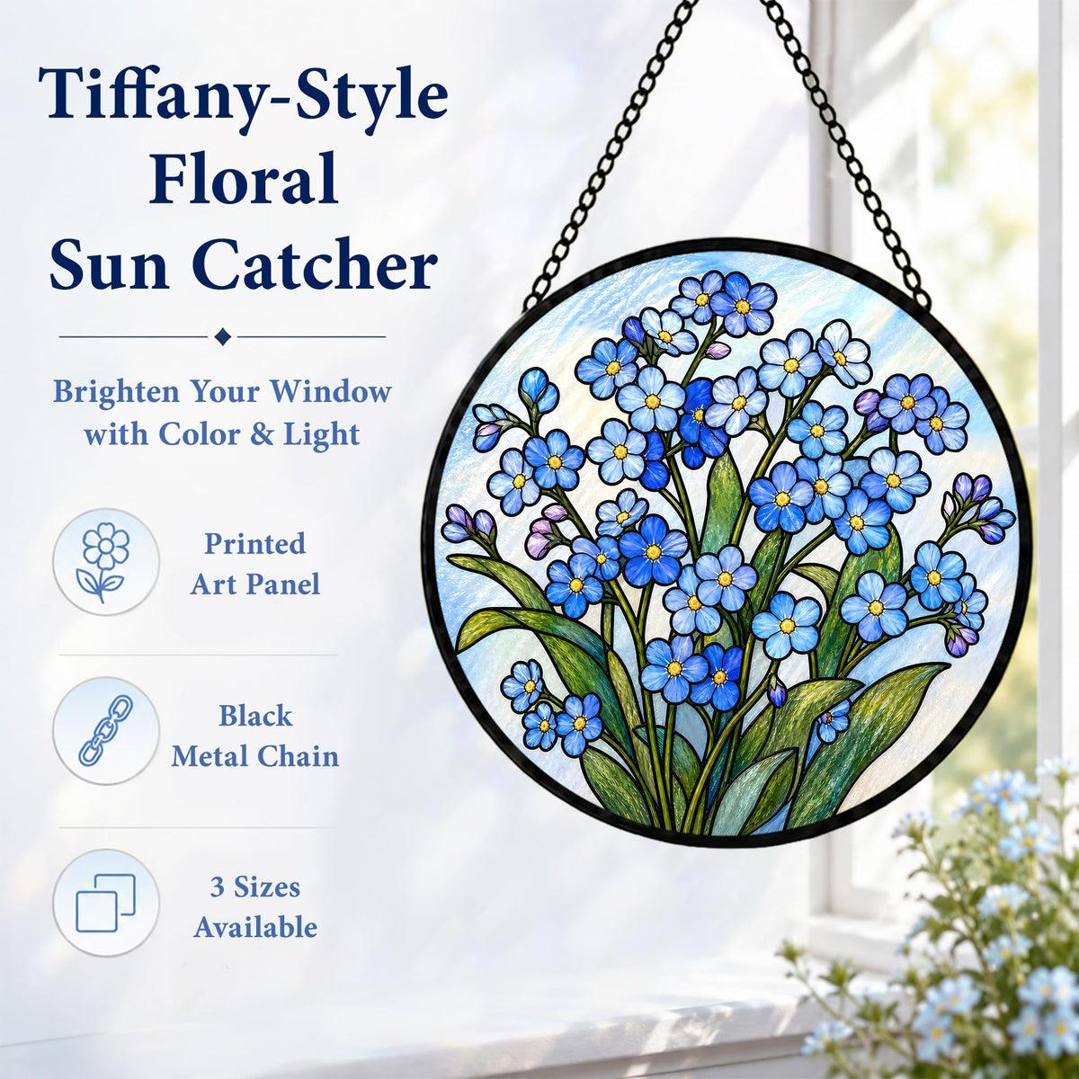 Forget Me Not Gifts for Women Suncatcher Stained Glass Window Hanging 9.8in (Forget Me Not / 9.8 x 9.8 IN)