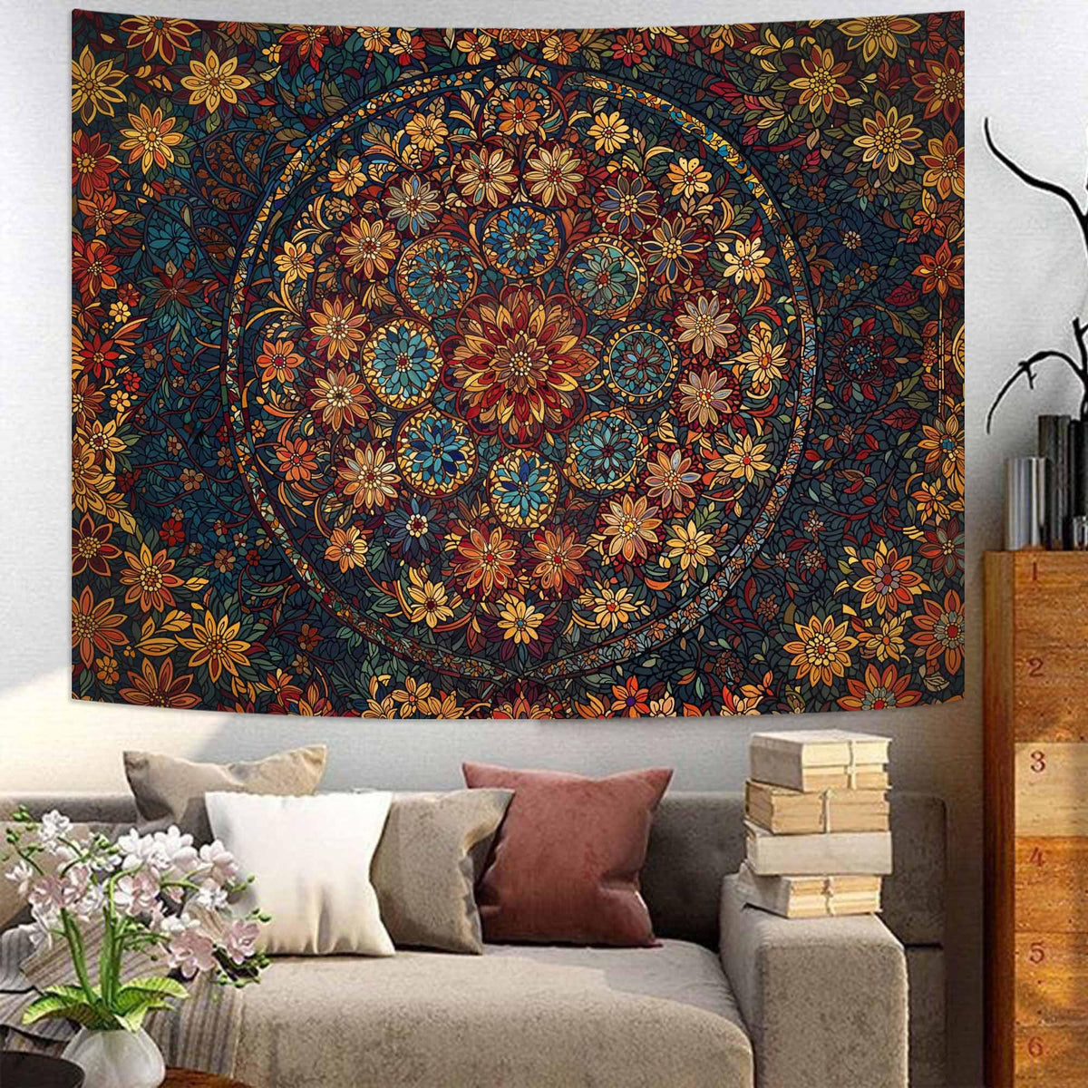 Boho Floral Mandala Tapestry Wall Hanging Vintage Bohemian Flower Medallion Tapestry Aesthetic Orange Stained Glass Hippie Tapestries for Bedroom Living Room Dorm Decor 60 x 44 Inch (Orange Brown / 60"L x 44"W)