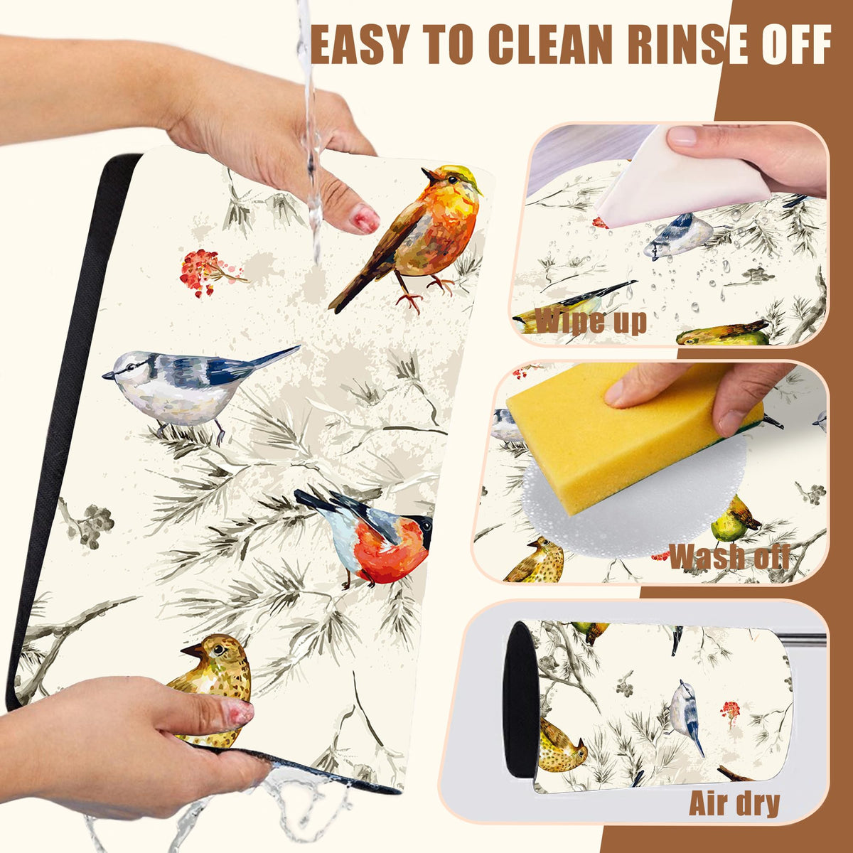 Cute Birds Coffee Mat Absorbent Dish Drying Mat for Kitchen Counter Hide Stain Rubber Backed Coffee Bar Accessories Fit Under Espresso Machine Dish Drainer (15.7" x 23.6")