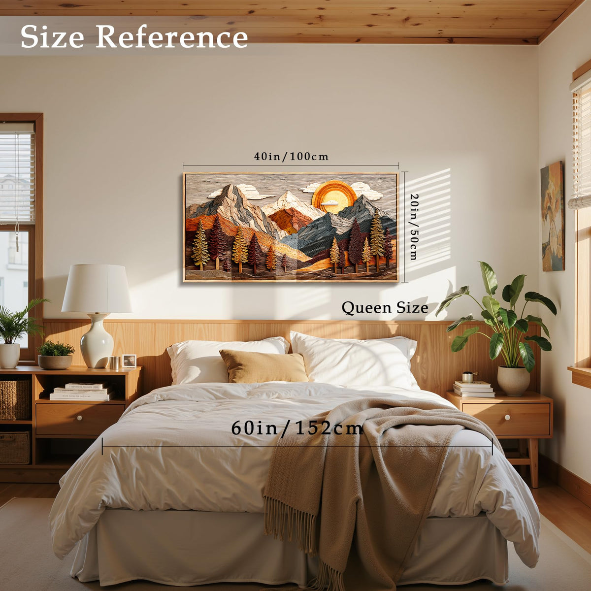 Abstract Mountain Large Framed Wall Art Modern Nature Decor Neutral (Wooden Mountain Print / 40"L x 20"W)