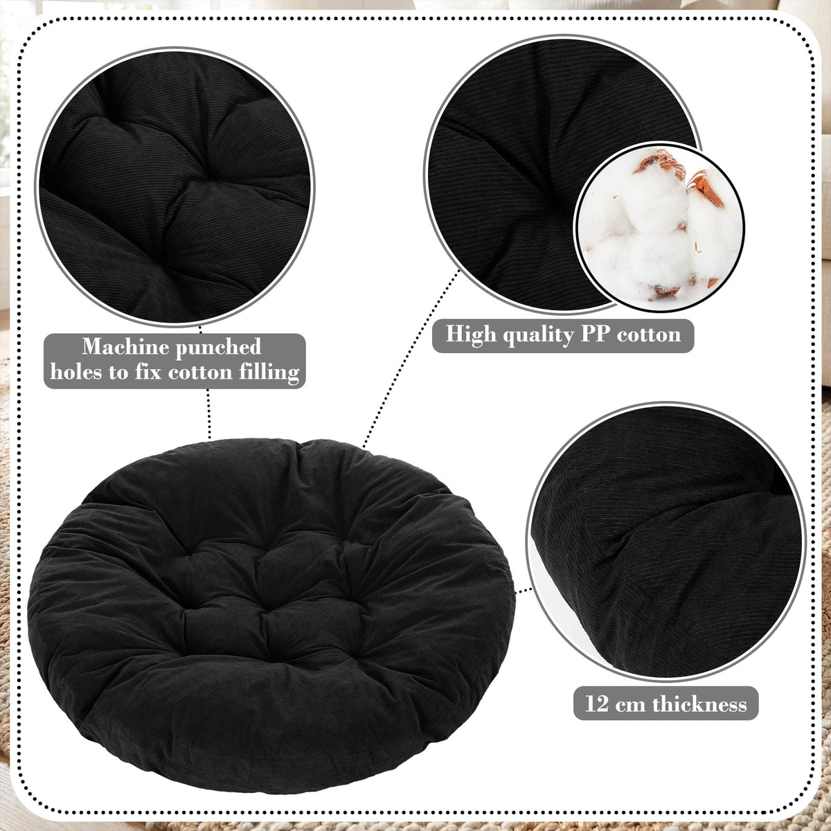 35" Extra Large Round Floor Cushion for Adults (Black / Classic)