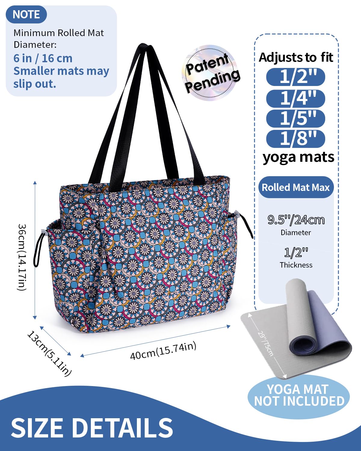 Yoga Mat Bag Waterproof Tote Gym Bag Mat Carrier W (Lake Blue Mandala)