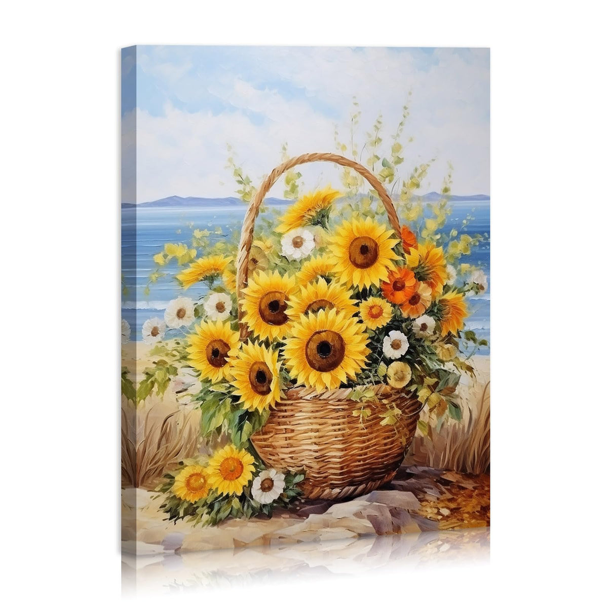 Sunflower Wall Decor Rustic Yellow Sunflower in Woven basket Beach Canvas Wall Art Modern Home Decor for Living Room Nursery Bedroom Bathroom Office Decor Framed Ready To Hang 12x16inches (16"L x 12"W / Sunflowers)