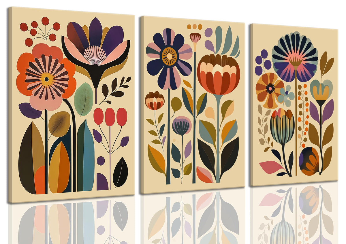 3 Pcs Boho Floral Canvas Wall Art (Nordic flowers / 24"L x 16"W)
