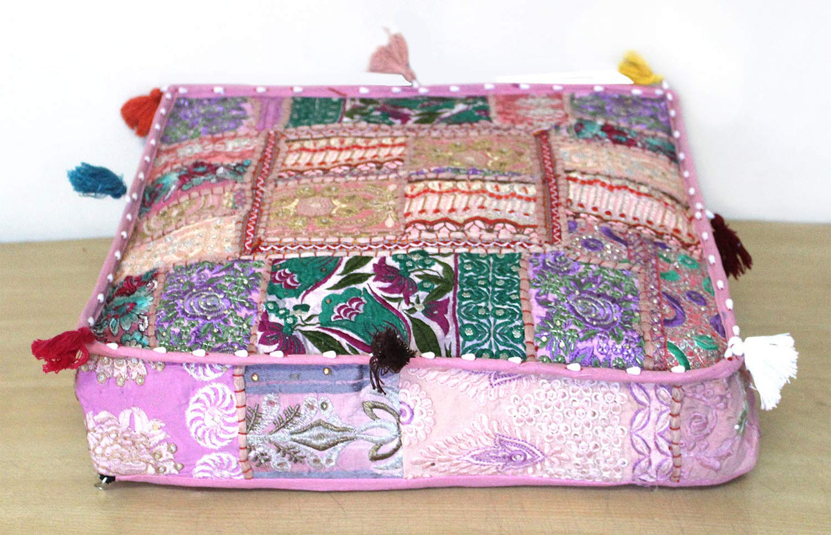 Indian Square Patchwork Traditional Pouf Cover Indian Living Room Poufs Decorative Embroidered Designer Ottoman Home Living Footstool Chair Cover Decor Pillow Cover 16x16x5 inches Baby Pink (16"D x 16"W x 5"H / Baby Pink)