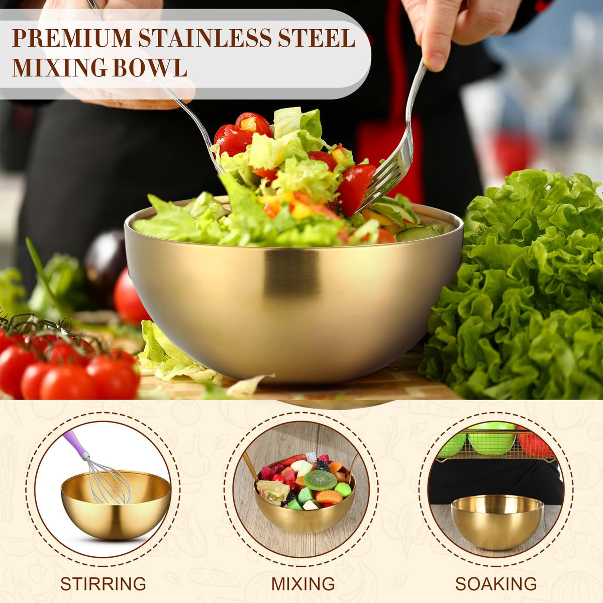 10 Pcs 7.9 Inch Gold Bowls Stainless Steel Salad Mixing Bowls (7.9 Inch / Gold)