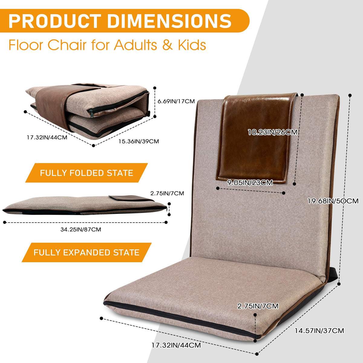 Floor Chair with Back Support Foldable Meditation Seat (Glossy Brown)